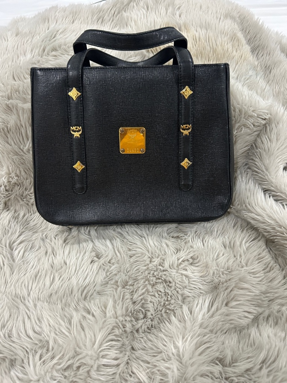 MCM Black Leather Tote with Gold Plaque and Hardware